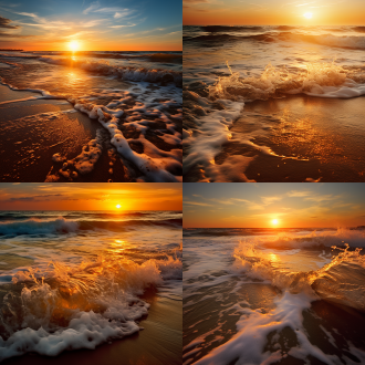 海平面上日出，三分法构图，大海与天空，暖色系，长焦镜头，逆光，慢快门，波光粼粼，壮丽。