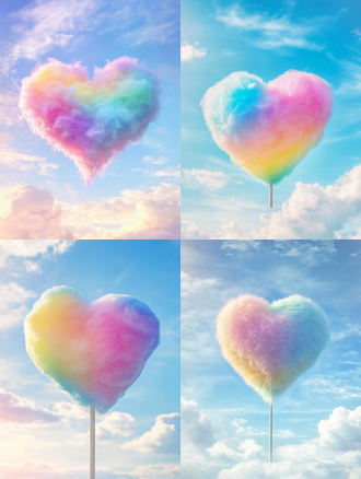 爱心状棉花糖七彩云在空中，蓝天白云为背景，平光，柔和色彩，中焦镜头，梦幻