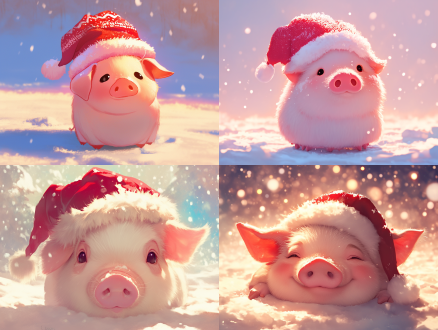 可爱小猪戴圣诞帽，毛绒绒，居中构图，雪景环境，柔和色调，长焦镜头，顶光，特写，憨态可掬，红色点缀，温馨。