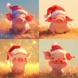 可爱的小猪带着圣诞帽，居中构图，童话风格，草地环境，长焦镜头，暖色调，自然光，微笑，俏皮，红色点缀，欢乐。