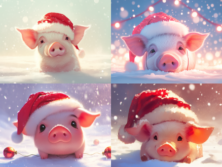 可爱小猪戴圣诞帽，毛绒绒，居中构图，雪景环境，柔和色调，长焦镜头，顶光，特写，憨态可掬，红色点缀，温馨。