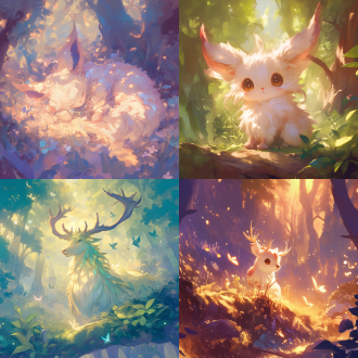 可爱有焉兽，居中构图，奇幻森林环境，柔和色调，长焦镜头，顶光，萌萌姿态，细节丰富，治愈，灵动。