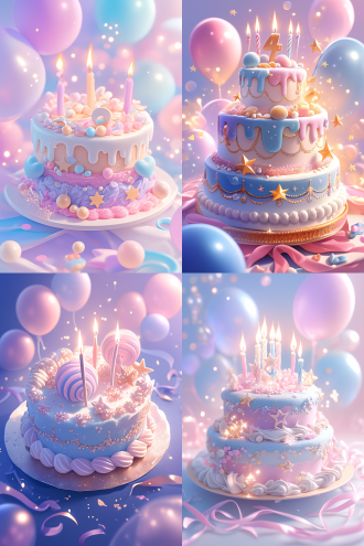 梦幻风格的生日蛋糕，多层设计，柔和的粉色和蓝色渐变，糖霜装饰，闪闪发光的糖粒，顶部有精致的蜡烛和星星装饰，背景是柔和的灯光和飘浮的气球，梦幻光影，柔焦效果，4k高清，细节精致，童话般的氛围，逼真渲染