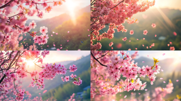 春日午后，一株盛放的粉色樱花树占据画面中心，枝头缀满层层叠叠的樱花，花瓣呈现从浅粉到珊瑚粉的渐变。阳光以45度角斜射，在花瓣间形成斑驳的光影。背景是虚化的新绿山林，隐约可见几只蓝山雀在枝头跳跃。前景飘落的花瓣在空中形成优雅的弧线，部分花瓣上凝结着晶莹的水珠。画面右下角有一束阳光穿透枝叶，形成明显的丁达尔光效，为整体增添神圣感。 【关键参数】 - 风格：写实摄影混合数字绘画 - 色调：樱花粉（#ffb7c5）x 新叶绿（#90ee90）渐变为主 - 构图：中心对称式（樱花树居中，背景对称虚化） - 特效：丁达尔光线、花瓣飘落动态模糊、水珠折射光斑 - 分辨率：1920x1080（16:9横版，适合桌面壁纸） 添加参数：