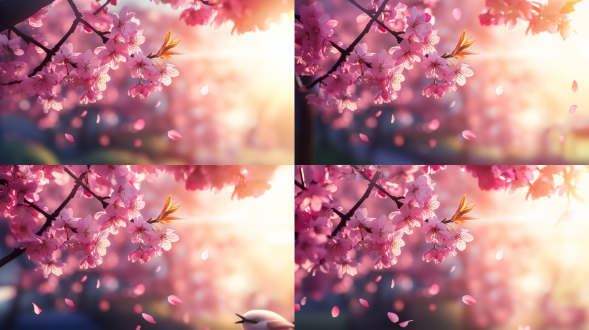 【画面描述】 春日午后，一株盛放的粉色樱花树占据画面中心，枝头缀满层层叠叠的樱花，花瓣呈现从浅粉到珊瑚粉的渐变。阳光以45度角斜射，在花瓣间形成斑驳的光影。背景是虚化的新绿山林，隐约可见几只蓝山雀在枝头跳跃。前景飘落的花瓣在空中形成优雅的弧线，部分花瓣上凝结着晶莹的水珠。画面右下角有一束阳光穿透枝叶，形成明显的丁达尔光效，为整体增添神圣感。 【关键参数】 - 风格：写实摄影混合数字绘画 - 色调：樱花粉（#ffb7c5）x 新叶绿（#90ee90）渐变为主 - 构图：中心对称式（樱花树居中，背景对称虚化） - 特效：丁达尔光线、花瓣飘落动态模糊、水珠折射光斑 - 分辨率：1920x1080（16:9横版，适合桌面壁纸）