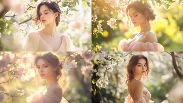 a beautiful woman in a serene spring garden, wearing a flowing, pastel-colored dress that subtly reveals her figure. the sunlight filters through the trees, casting soft shadows on her face and hair. her expression is gentle and confident, with a slight smile. the background features blooming flowers and lush greenery, creating a dreamy and elegant atmosphere. the overall tone is artistic and tasteful, with a focus on natural beauty and grace