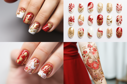 chinese-style nail art design, red as the main color, featuring koi fish elements, elegant and intricate patterns, traditional chinese motifs, gold accents, vibrant and luxurious, high detail, suitable for nail art or beauty inspirationwhite background, 3d, cute cartoon style, studio lighting, soft light, blender, c4d, oc renderer, isometric, ultra，