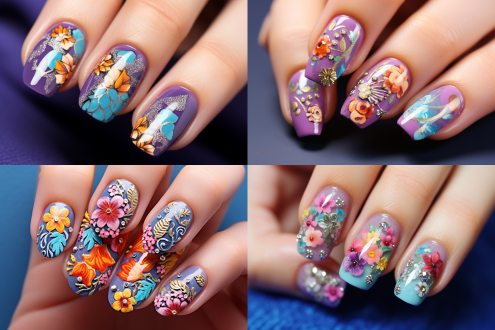 colorful nail art design, floral theme, vibrant and rich colors, dopamine-inspired palette, featuring colorful diamonds, intricate patterns, five-finger design, each nail with unique floral and gemstone details, modern and artistic style, high detail, suitable for nail art inspiration, 3d, cute cartoon style, studio lighting, soft light, blender, c4d, oc renderer, isometric, ultra，