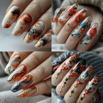 handcrafted press-on nail design, chinese style, inspired by dunhuang murals, featuring sand flow elements, minimalist and elegant, high-end and luxurious, cat-eye effect, at least ten unique designs on nail plates, artistic and sophisticated style, high detail, suitable for nail art inspiration，pure white background，minimalism, digital illustration,aurora punk style, c4d, 3d blender, studio light. high detail, oc renderer,8k