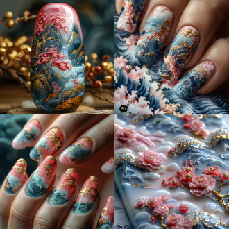 handcrafted press-on nail design, gold inlaid jade carving, an ultra wide shotof pink and blue waves with golden lines,mountains composed of clouds, in the styleof a chinese landscape painting, soft colorsa pink background, white smoke, white goldpowder, meticulous brushwork, soft lightand shadow, and exquisite details. gold foilis scattered on the picture surface, adding tothe overall beauty,,in clotheseaturing sand flow elements, minimalist and elegant, high-end and luxurious, cat-eye effect, at least ten unique designs on nail plates, artistic and sophisticated style, high detail, suitable for nail art inspiration，pure white background，minimalism, digital illustration,aurora punk style, c4d, 3d blender, studio light. high detail, oc renderer,8k