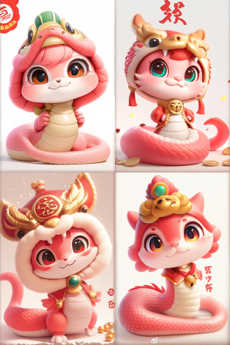 卡通蛇形象，粉色身体白色皮肤，戴年兽头套，毛茸茸风格，俏皮可爱，大眼睛看镜头，尾巴卷身，白色场景，半身像，中心构图，平视，3d，超高清，温柔迷人，高贵神秘，治愈