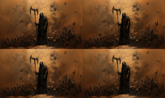 骷髅死神侧身手持镰刀着僧侣衣，地狱背景，中景，油画风格，超广角，顶光丁达尔光，细腻材质，末日颓废黑暗。