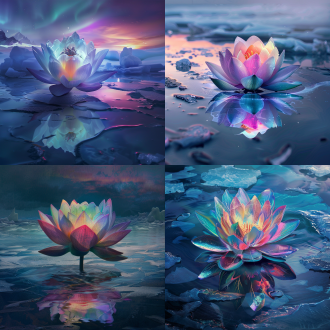 九色莲花在极地寒冰中绽放，花瓣折射彩虹光晕，地面倒映轮廓，远景俯视后近景，冷光，丰富细节，神秘禅意，色彩艳丽。