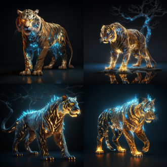 金蓝色老虎，深肤色枯树，3d绘制，超细腻8k渲染，高分辨率，超清画质，金属质感，冷色调，水面倒影，虎身发光，
