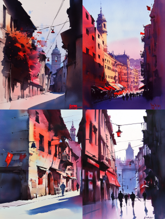 德国诺德林根水彩风景，俯视构图，近城堡远钟楼，欧式建筑，橙黄结合暖调，侧光，大韵染，柔笔触，虚实高饱和，约瑟夫风格。