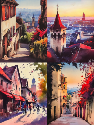 德国诺德林根水彩风景，俯视构图，近城堡远钟楼，欧式建筑，橙黄结合暖调，侧光，大韵染，柔笔触，虚实高饱和，约瑟夫风格。