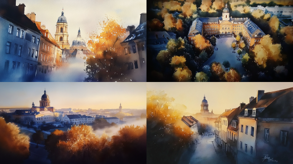德国诺德林根风景，俯视构图，近城堡远钟楼，欧式建筑，橙黄暖调，侧光，大韵染柔笔触，高饱和，约瑟夫风格。