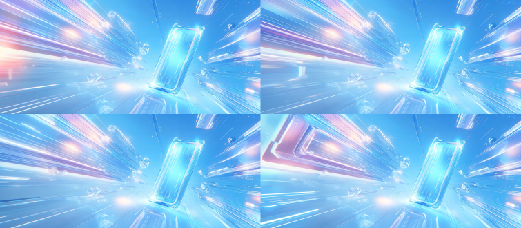 科技海报，线段抽象画面由大到小左至右递进，中间矩形有光线汇入，蓝浅色底，现代简洁，故障赛博风，16:9，速度穿越感。