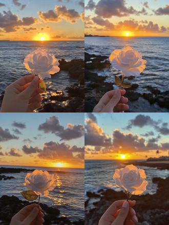 a photo of white rose in hand, sunset on the rocky beach in hawaii, posted to reddit in 2019