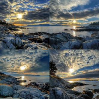 a photo of the sun shining on a rocky shore in norway, with a cloudy sky, taken with an iphone pro camera in the style of no particular artist.