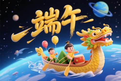 3D迷你风格，金黄气球龙舟载绿粽飞，小气球人划船击鼓，蓝太空有星球，“端午”狂草字，运动气流，高清，细节清晰。 