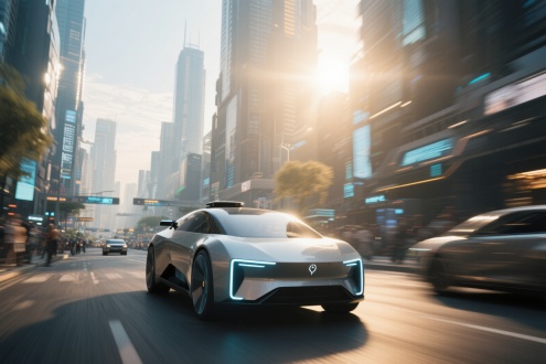 人工智能操控自动驾驶车，三分法构图，未来城市，阳光暖调，长焦镜头，逆光，动态模糊，科技元素，希望之感。 