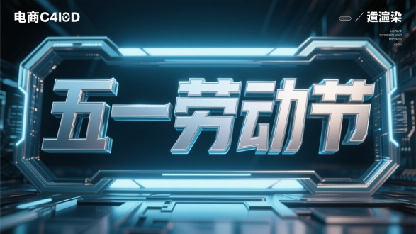 “五一劳动节”字体海报，居中布局，电商C4D建模渲染，金属质感，清新科幻风，特写，冷色调，顶光，科技元素。 