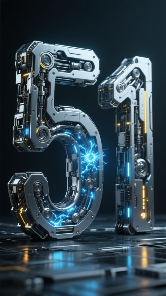 巨大的机械字体“51”，居中正视图，其身体由精密的金属部件拼接而成，表面闪烁着冷硬的金属光泽。各处关节均为机械结构，在光影下泛着幽微蓝光和幽微黄光。点点蓝光如同蕴含着强大能量的粒子，自身体内部隐隐透出，好似能量在体内奔涌流转。字体轮廓细节丰富完美，整体造型极具科技感，仿佛是来自未来世界的机械字体