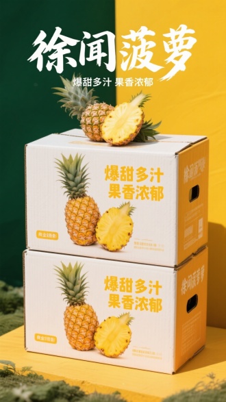 菠萝，两箱整齐堆叠，浅橙黄色纸箱，箱面菠萝图案，完整菠萝和切开的菠萝展示，黄色文字，白色箱，深绿黄色背景，白色书法字体标题“徐闻菠萝”，“爆甜多汁  果香浓郁”摄影标识，商业摄影风格，中景