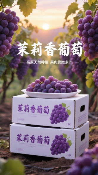 紫色葡萄，两箱整齐堆叠，白色纸箱，箱面葡萄图案，完整葡萄装盘展示，紫色文字，背景种满葡萄，挂满葡萄，新鲜，有水珠，白色书法字体标题“茉莉香葡萄”，“高原天然种植”“果肉脆嫩多汁”摄影标识，创意海报设计，商业摄影风格，中景，电商氛围海报风格，黄昏，逆光，柔光，紫黄色光氛围，对比，8K画质