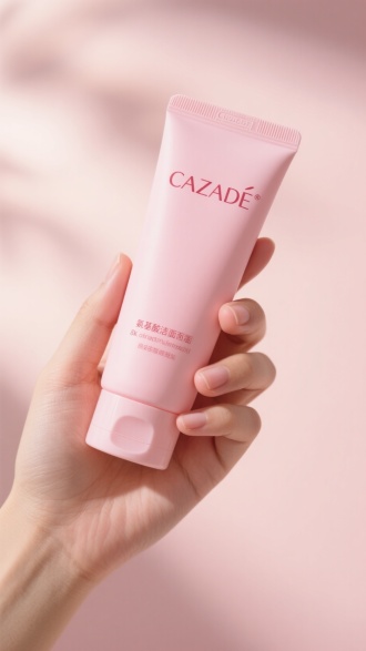 逆光环境下，一只手握着标有 “CAZADE” 字样的粉色氨基酸洁面乳管，背景是浅粉色，渐变光效，中景，8K画质，相机拍摄