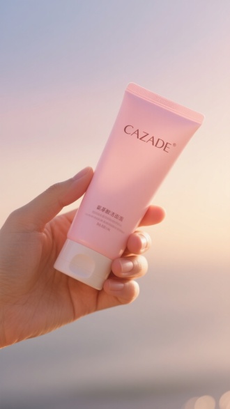 逆光环境下，一只手握着标有 “CAZADE” 字样的粉色氨基酸洁面乳管，磨砂背景，渐变光效，中景，8K画质，逆光，柔光