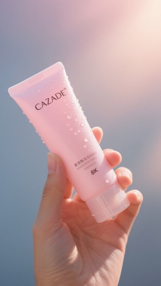 逆光环境下，一只手握着标有 “CAZADE” 字样的粉色氨基酸洁面乳管，有水珠，磨砂背景，渐变光效，中景，8K画质，逆光，柔光