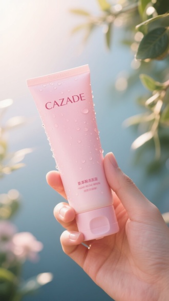 逆光环境下，一只手握着标有 “CAZADE” 大字样的粉色氨基酸洁面乳管，有水珠，植物背景装饰，渐变光效，中景，清新，清晰，逆光，柔光