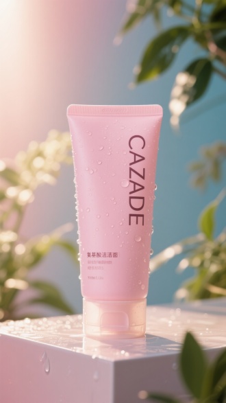 逆光环境下，一个标有 “CAZADE” 大字样的粉色氨基酸洁面乳管放在展台上，有水珠，植物背景装饰，渐变光效，中景，清新，清晰，逆光，柔光