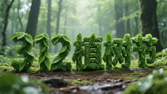 绿植的巨大的字体“312植树节”用绿叶制作，清晰有水珠细节材质，立在地面，奇幻的触感，背景森林