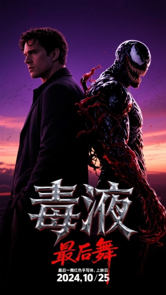 电影海报，黑紫主调，红缀白高光，超写实动感。男主与毒液侧半身背靠背，毒液右附男主身(狰狞、喷液、纹理、亮目)，黄昏渐变天空背景。主标题“毒液”金属冷色个性字，副标题“最后一舞红色手写体，上映日“2024.10.25”，恐怖风，高品质