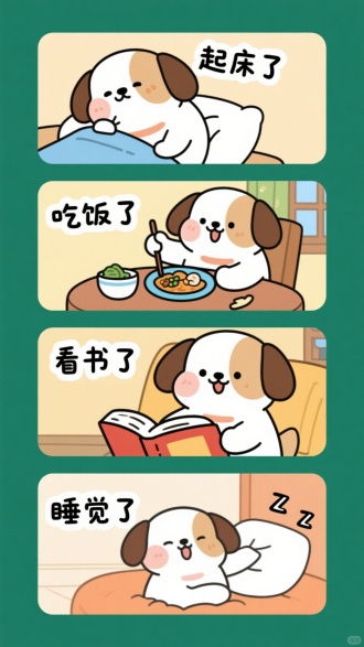 一套4宫格的超级可爱的小胖哈吧狗表情包。第一格是起床的动作，文字是“起床了”。第二格是吃饭的动作，文字是“吃饭了”。第三格是看书的动作，文字是“看书了”。第四格是睡觉的动作，文字是“睡觉了”背景室内