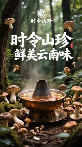 创意美食海报，真实照片质感，海报合成，树林，野生菌火锅，周围有一些野生菌装饰，创意海报字体，大小排布不一，“时令山珍”“鲜美云南味”