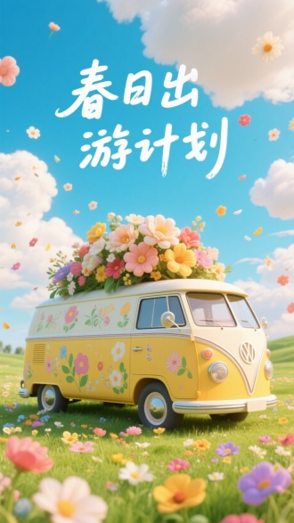 在户外，这是一个梦幻般的场景。主题是一辆停在草地上的黄色面包车，草地上开满了五颜六色的花朵。货车上装饰着精美的图案，车顶上堆着大朵鲜花。蓬松的云朵漂浮在周围的天空中，许多花朵在空中飞舞，营造出童话般浪漫欢快的氛围。，“春日出游计划” 手写体，白色字，文字在海报的上方