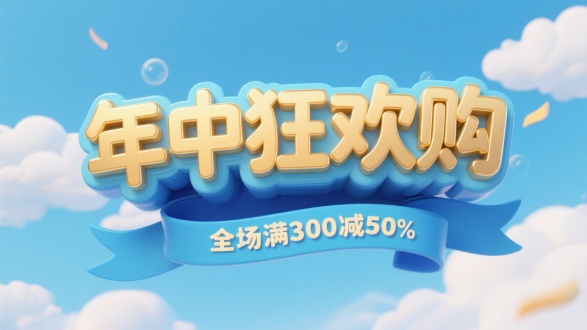 蓝天白云背景，卡通字，3D立体，金色字“年中狂欢购”，光泽，立体文字有丰富的三层立体效果，中间浅蓝色，底层深蓝色，边缘凸起描边，底下蓝色飘带“全场满300减50'