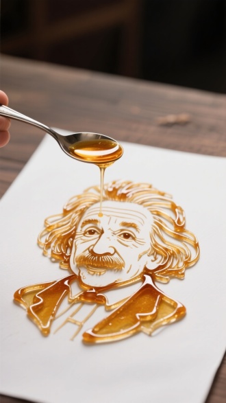 中国糖画设计，用勺子装糖汁在白色纸张画一个爱婴斯坦，爱因斯坦细节可见糖汁线条，清晰明亮，立体