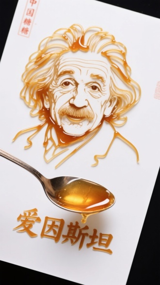 中国糖画设计，用勺子装糖汁在白色纸张画一个爱婴斯坦，爱因斯坦细节可见糖汁线条，清晰明亮，立体，白色纸张上面写“爱因斯坦”
