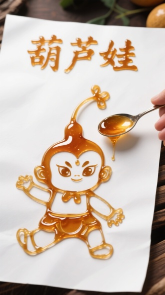 中国糖画设计，用勺子装糖汁在白色纸张画一个葫芦娃，葫芦娃细节可见糖汁线条，清晰明亮，立体，白色纸张上面写“葫芦娃”
