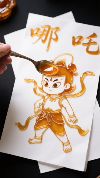中国糖画设计，用勺子装糖汁在白色纸张画一个哪吒，哪吒细节可见糖汁线条，清晰明亮，立体，白色纸张上面写“哪吒”