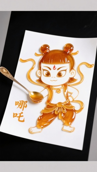 中国糖画设计，纯用勺子装糖汁在白色纸张画一个哪吒，哪吒细节可见糖汁线条，清晰明亮，立体，白色纸张上面写“哪吒”
