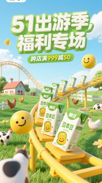C4D建模的清新卡通风格促销海报，主视觉为多包装豆本豆豆奶产品在黄色过山车轨道上滑行，背景包含绿色草地、乡村农舍和蓝天白云。画面点缀奶牛鸡群农场元素，添加搞怪黄色表情球动态元素。顶部立体标题"51出游季，福利专场"使用圆润白字绿底设计，副标"跨店满999减50"采用3D立体字。8K分辨率展现细腻材质反光，柔和光影营造春日氛围 
