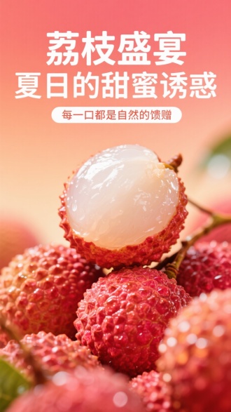 一张充满活力和诱人的荔枝海报。带水珠，荔枝看起来新鲜多汁，光泽的外观表明它们刚刚采摘。背景是柔和温暖的渐变色，增强了荔枝的新鲜感。海报包括主标题“荔枝盛宴 夏日的甜蜜诱惑”和副标题“每一口都是自然的馈赠”电商创意文案居中对齐排版
