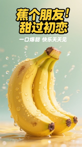 主标题“蕉个朋友  甜过初恋”，副标题“一口爆甜  快乐天天见”
一串金黄饱满的香蕉，表面带有晶莹水珠，果肉透亮，新鲜诱人。背景柔和的浅绿色渐变，搭配飞溅的水滴，增强清爽感。
光线自然光+侧逆光，突出香蕉的高光和水珠的透亮感。
超写实食物摄影风格，8K细节，暖黄色调，食欲感拉满。
构图：居中特写，香蕉呈自然弯曲，水滴欲滴未滴，增强动态感。
文字排版：主标题用立体卡通字体（亮黄色+黑色描边），副标题用清新手写体（白色）