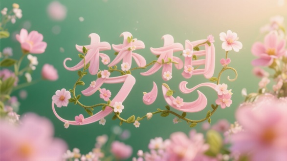 字体设计“梦想”，用花瓣和藤蔓制作而成，风格线条流畅曲线唯美，梦幻，花体艺术字体设计，笔画使用张家佳设计法巧妙曲线变形设计，不要拘束别人的风格，笔触飘逸，你给我浪起来，体现AI高超的技术，背景花海，绿色和粉色渐变配色，卡通梦幻风格，立体清晰